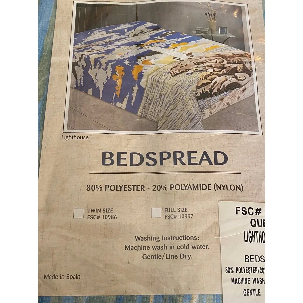 FSC Lighthouse Bedspread Queen Blue NWT Nautical Scenic Made in Spain 11017